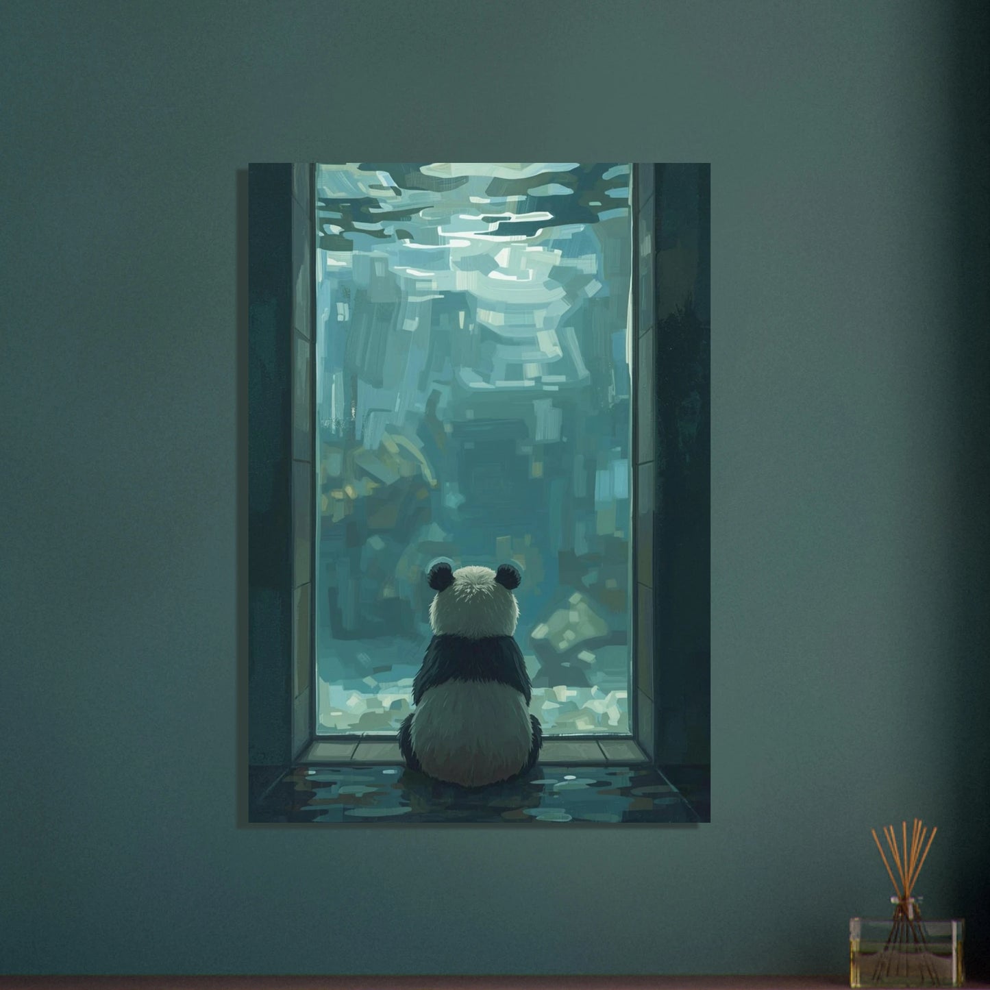 Söt panda betraktar en abstrakt undervattensvärld genom tjockt glas.