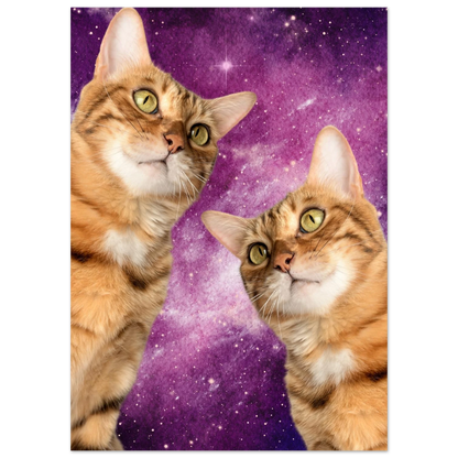 Närbild på katter med nyfikna blickar mot en kosmiskt lila nebulosa – Målad poster