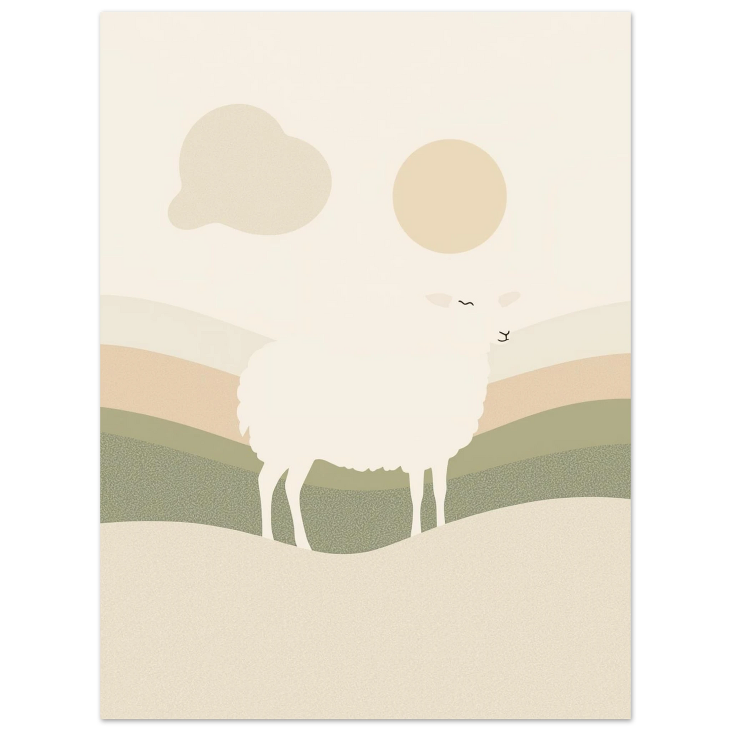 Minimalistisk poster med ett vitt får och böljande kullar i naturfärger