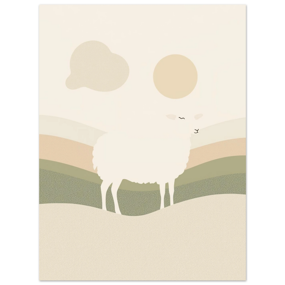 Minimalistisk poster med ett vitt får och böljande kullar i naturfärger