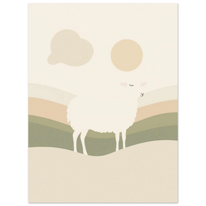 Minimalistisk poster med ett vitt får och böljande kullar i naturfärger