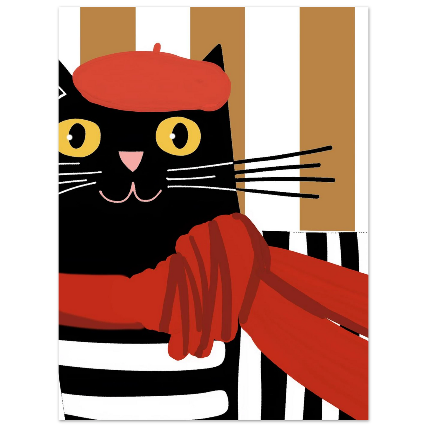 Svart katt i röd basker, lekfull illustration för trendig väggkonst