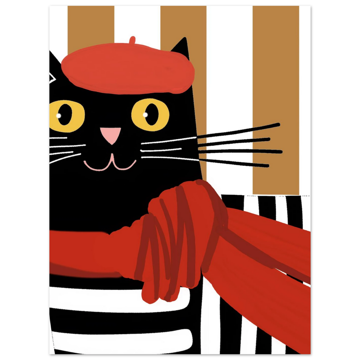 Svart katt i röd basker, lekfull illustration för trendig väggkonst