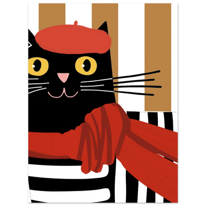 Svart katt i röd basker, lekfull illustration för trendig väggkonst