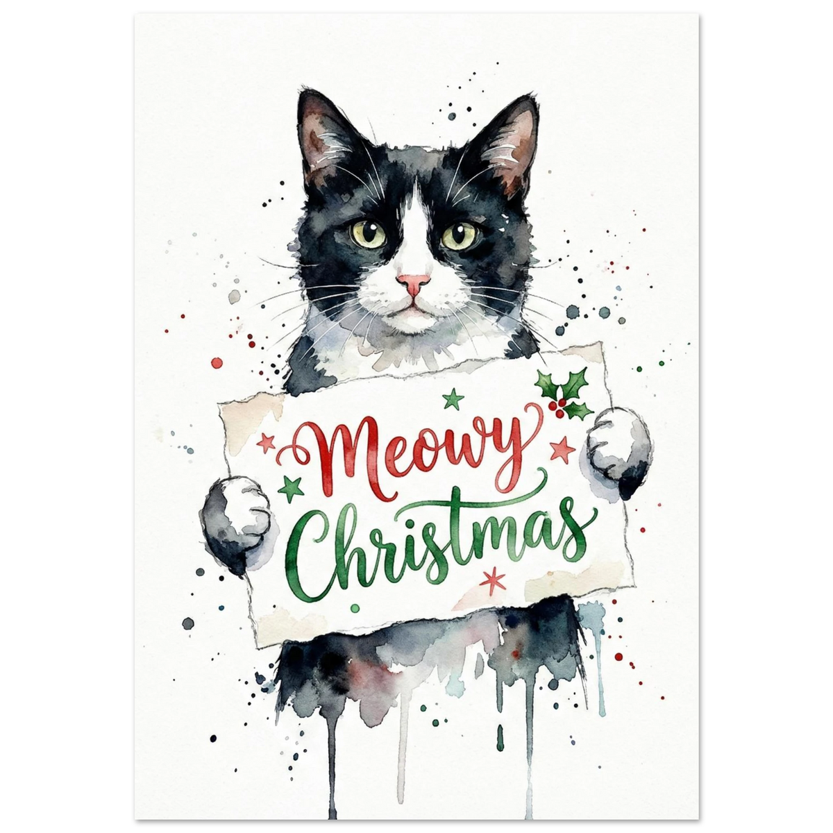 Svartvit katt med Meowy Christmas-skylt i akvarell på vit bakgrund