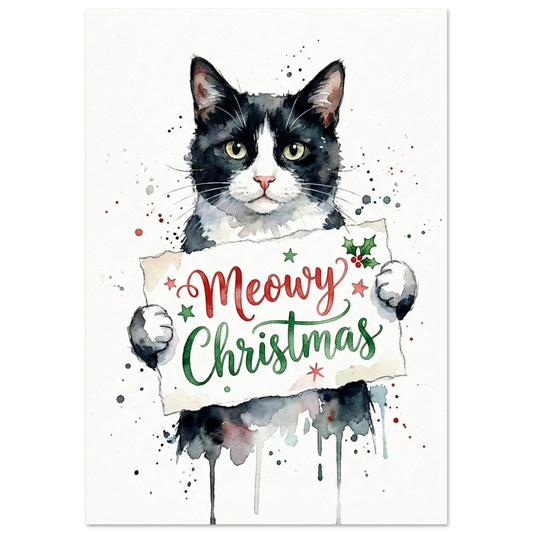 Svartvit katt med Meowy Christmas-skylt i akvarell på vit bakgrund