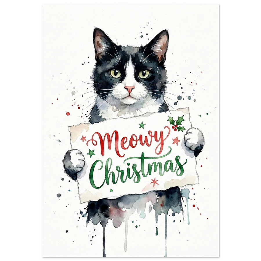 Svartvit katt med Meowy Christmas-skylt i akvarell på vit bakgrund