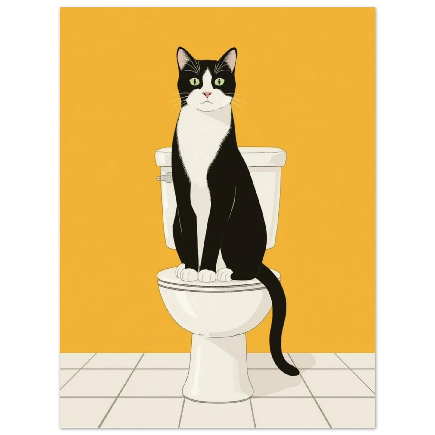 Tecknad svartvit katt sittandes på en toalett med gul bakgrund och ljusa klinkers – tecknad poster