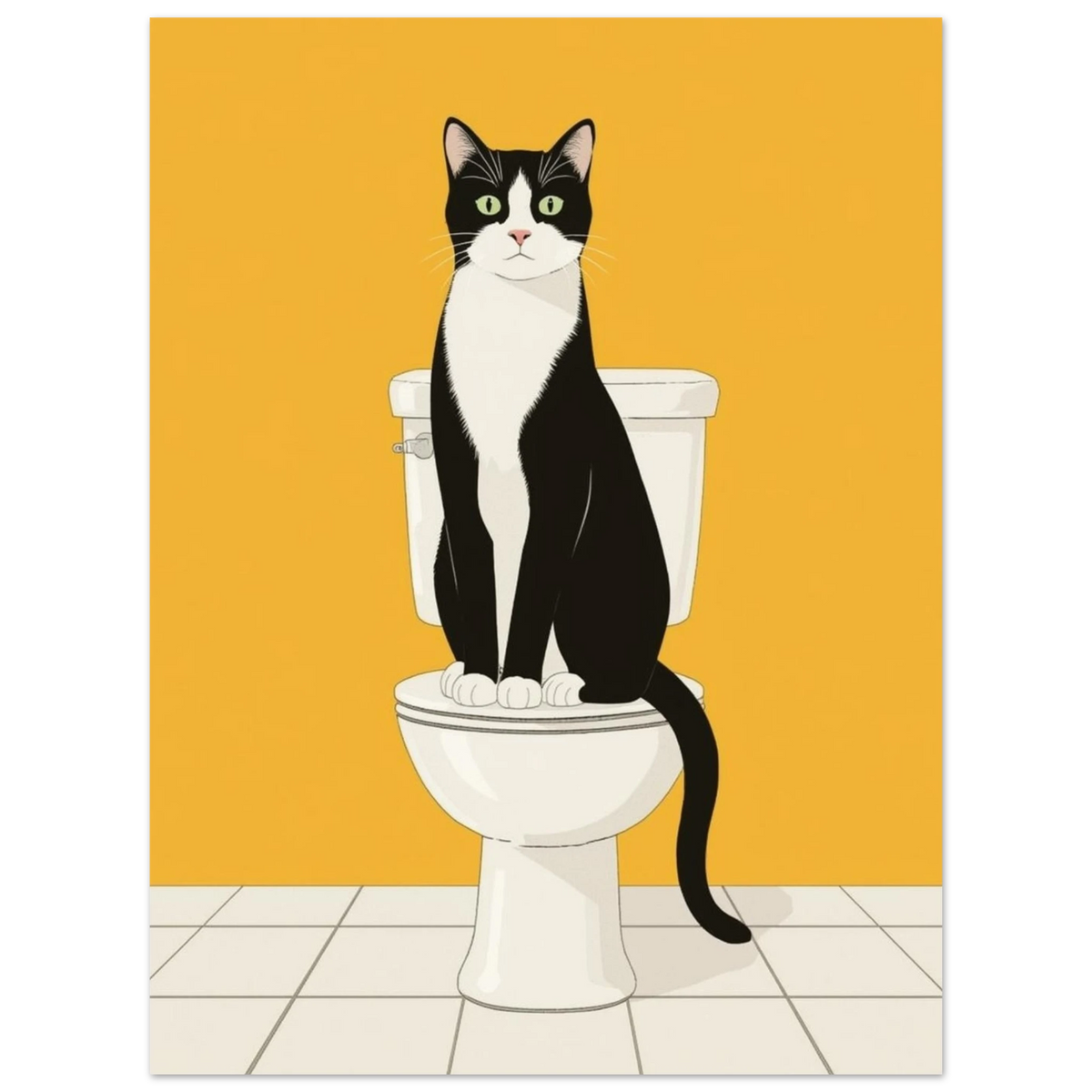 Tecknad svartvit katt sittandes på en toalett med gul bakgrund och ljusa klinkers – tecknad poster