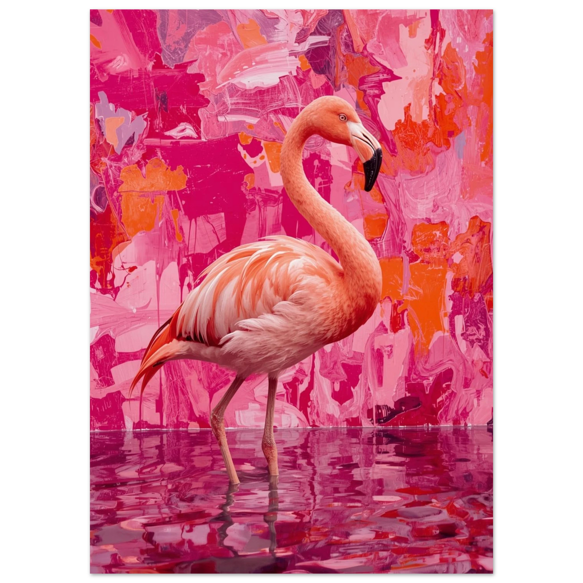 Ståtlig flamingo som speglar sig i djuprosa vatten, konstnärligt motiv