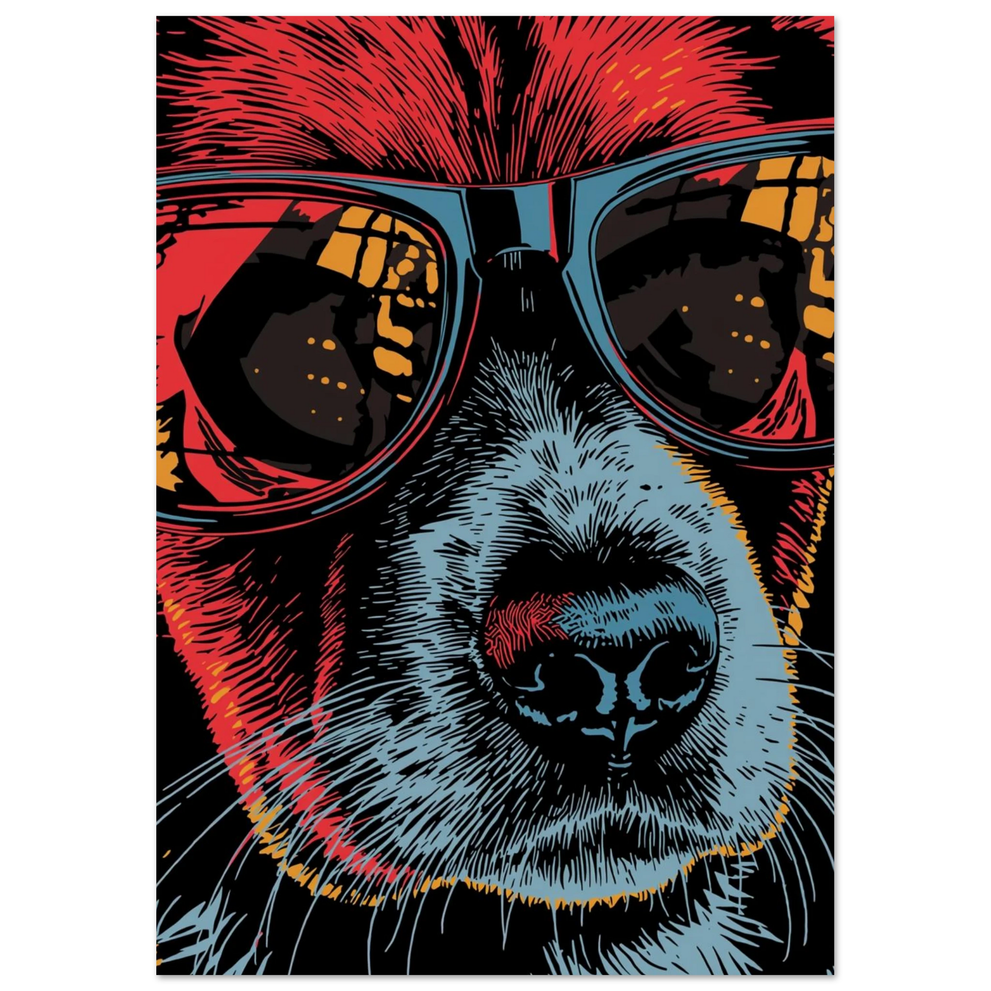 Kaxig hundkaraktär med reflekterande glasögon, modern djurposter för vardagsrum