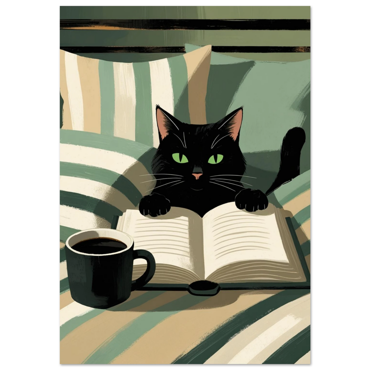 Svart katt som läser bok i sängen med kaffekopp, mörkgrön bakgrund