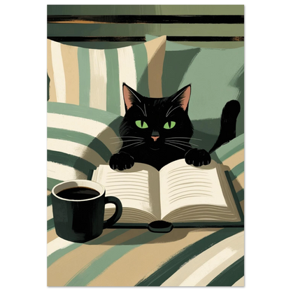Svart katt som läser bok i sängen med kaffekopp, mörkgrön bakgrund