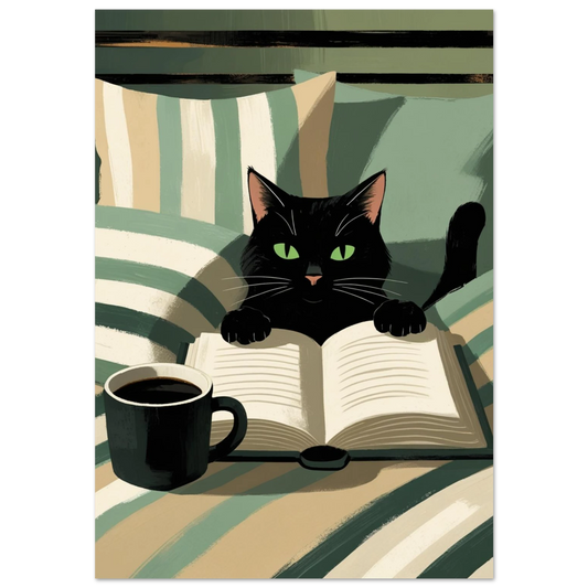Svart katt som läser bok i sängen med kaffekopp, mörkgrön bakgrund