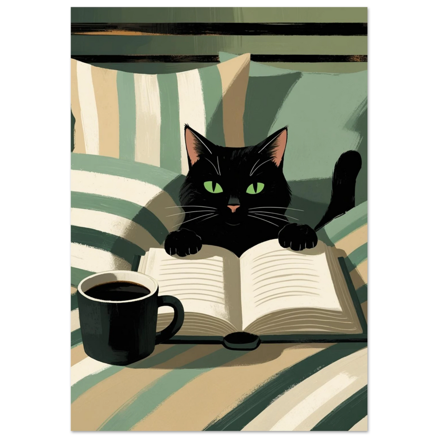 Svart katt som läser bok i sängen med kaffekopp, mörkgrön bakgrund
