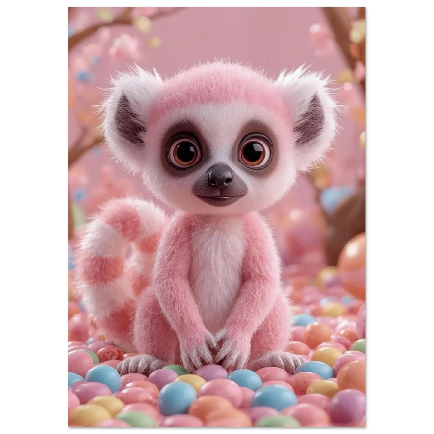 Söt lemurunge med randig svans i en drömlik godisvärld – djurposter