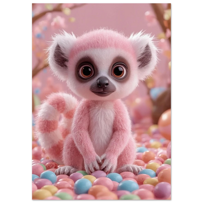Söt lemurunge med randig svans i en drömlik godisvärld – djurposter