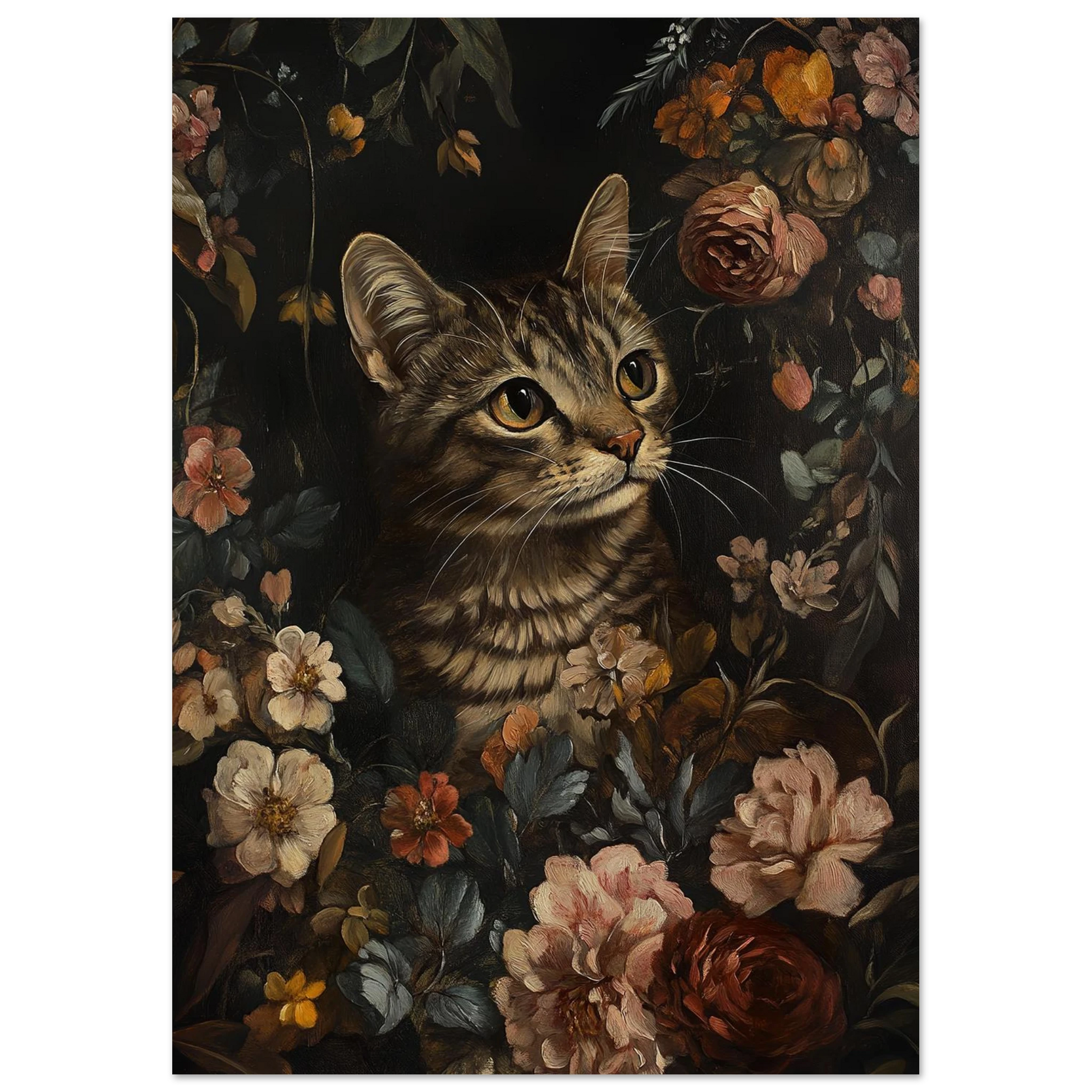Konstnärlig kattposter med antik estetik och varma blommiga detaljer