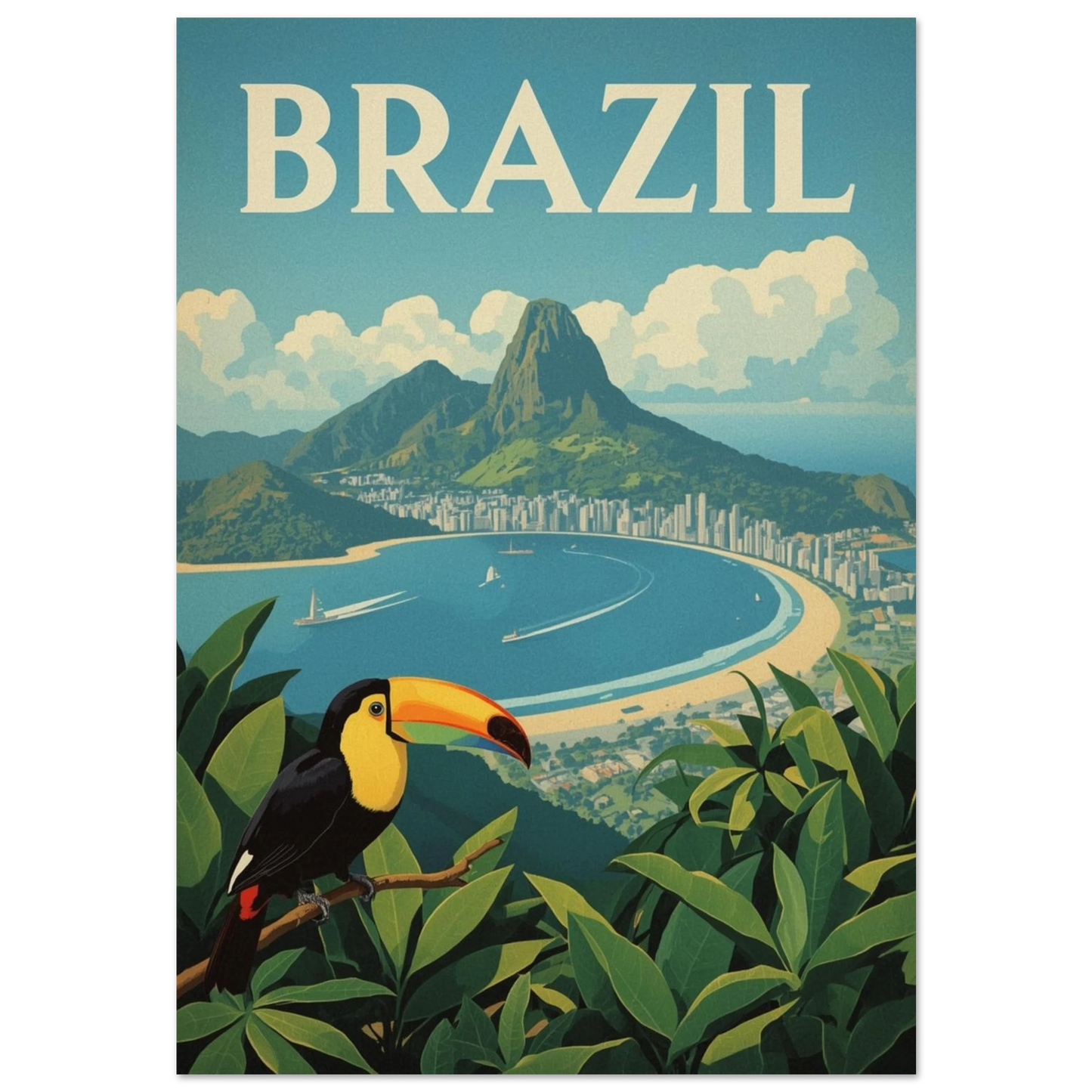 Färgglad tukan på gren med Rio de Janeiro i bakgrunden – vintage reseposter