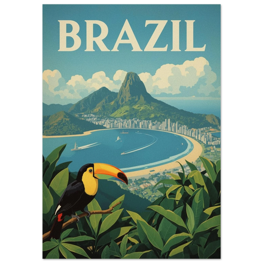 Färgglad tukan på gren med Rio de Janeiro i bakgrunden – vintage reseposter
