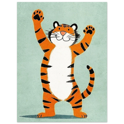 Lekfull djurposter föreställande en vinkande tiger i stiliserad grafisk design