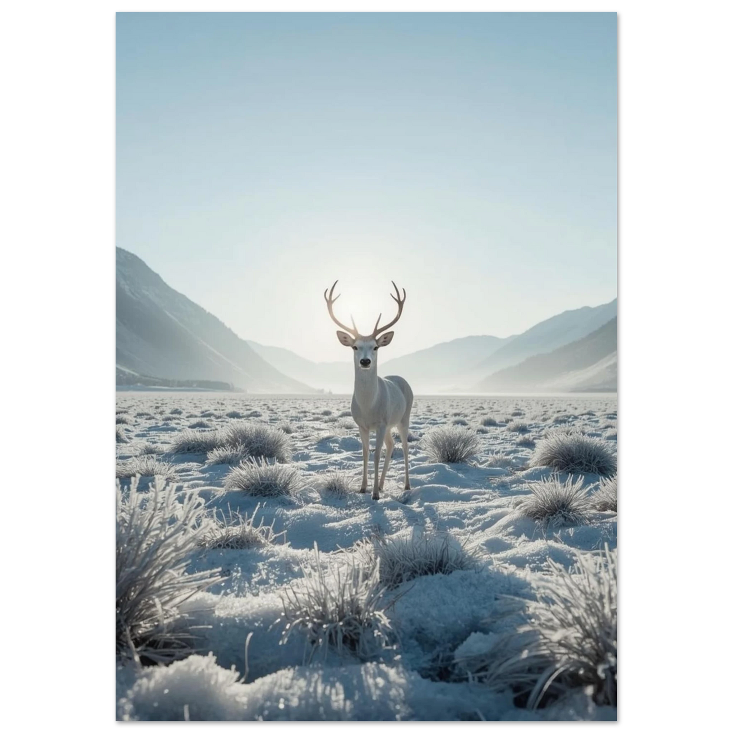 Majestätisk kronhjort i vitt vinterlandskap med berg i bakgrunden – naturposter