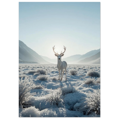 Majestätisk kronhjort i vitt vinterlandskap med berg i bakgrunden – naturposter
