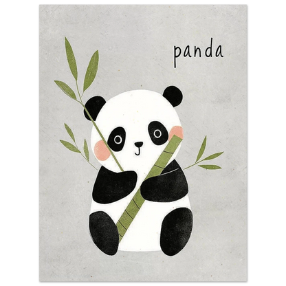 Lekfull djurposter föreställande en panda med gröna blad och bambu