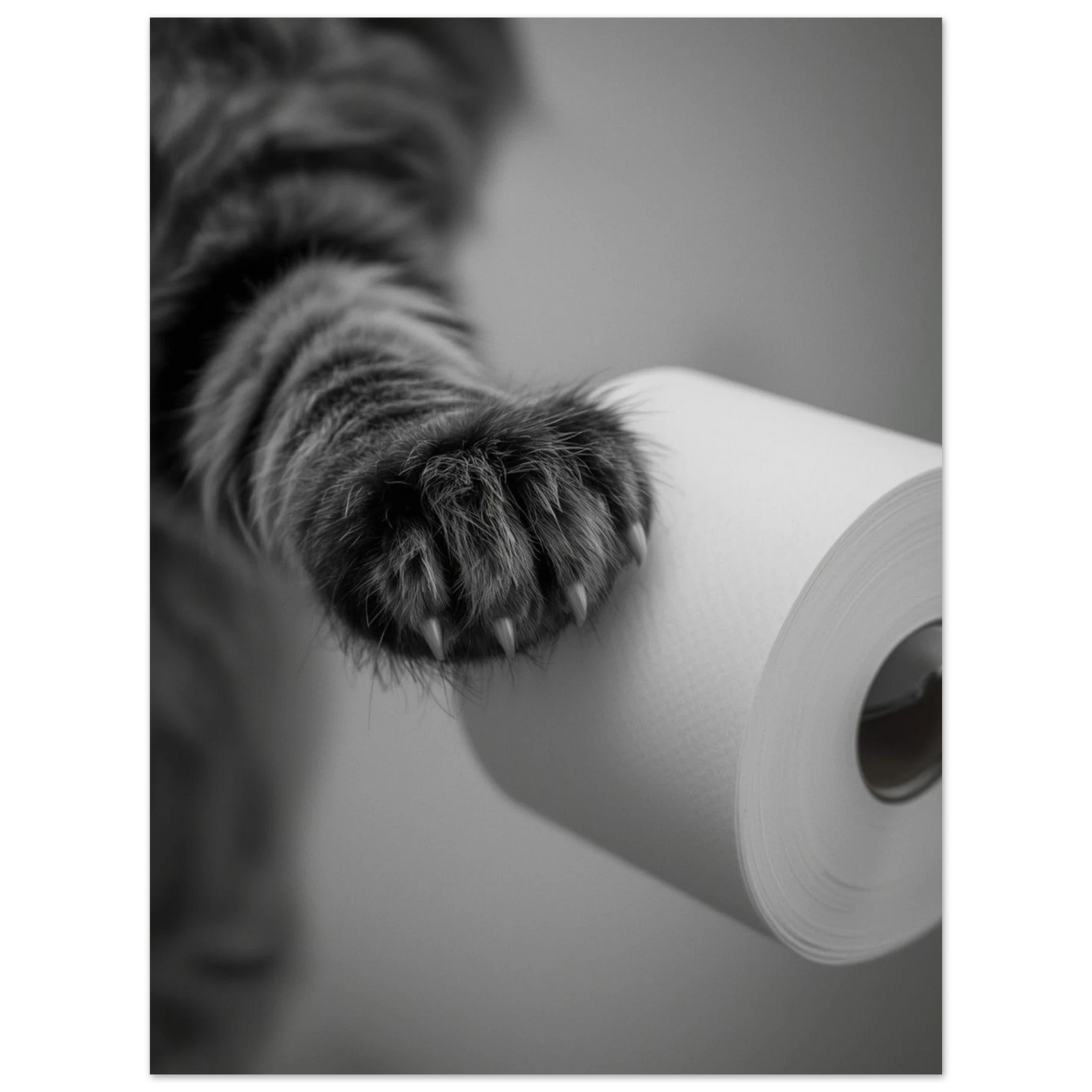 Humoristiskt djurmotiv med en kattass och en pappersrulle i närbild