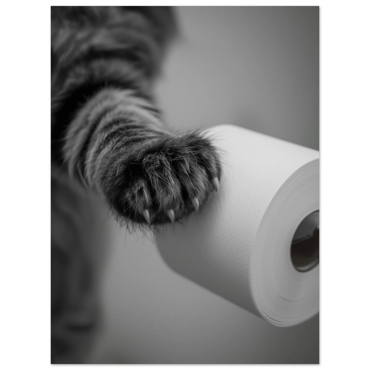 Humoristiskt djurmotiv med en kattass och en pappersrulle i närbild