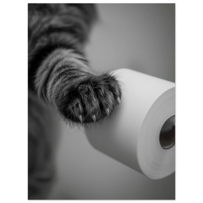 Humoristiskt djurmotiv med en kattass och en pappersrulle i närbild