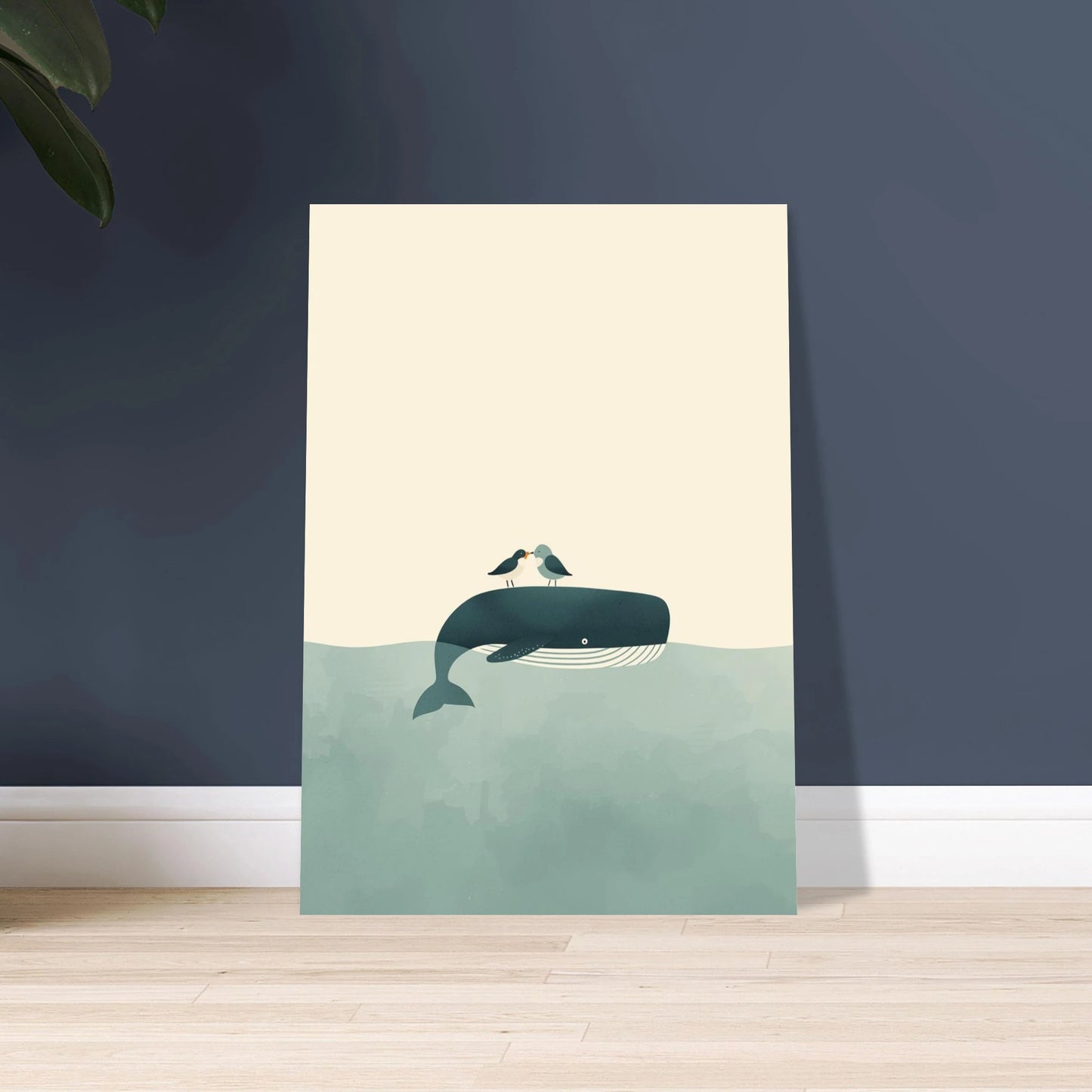 Minimalistisk illustration av val med två fåglar på ryggen