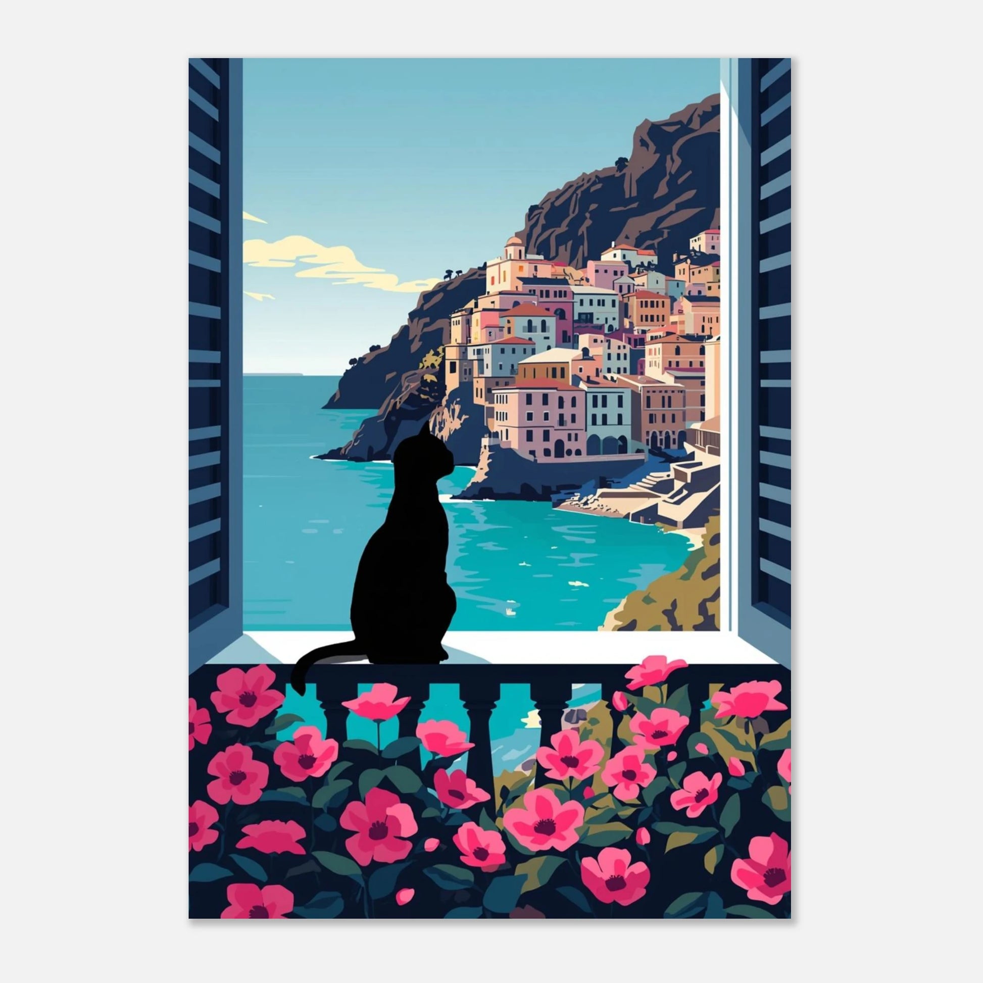Stämningsfull djurposter med katt i silhuett mot en solig italiensk by
