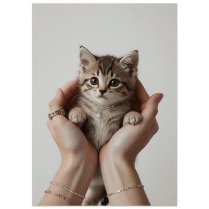 Liten kattunge med halsband vilar i händer – stämningsfull fotokonst