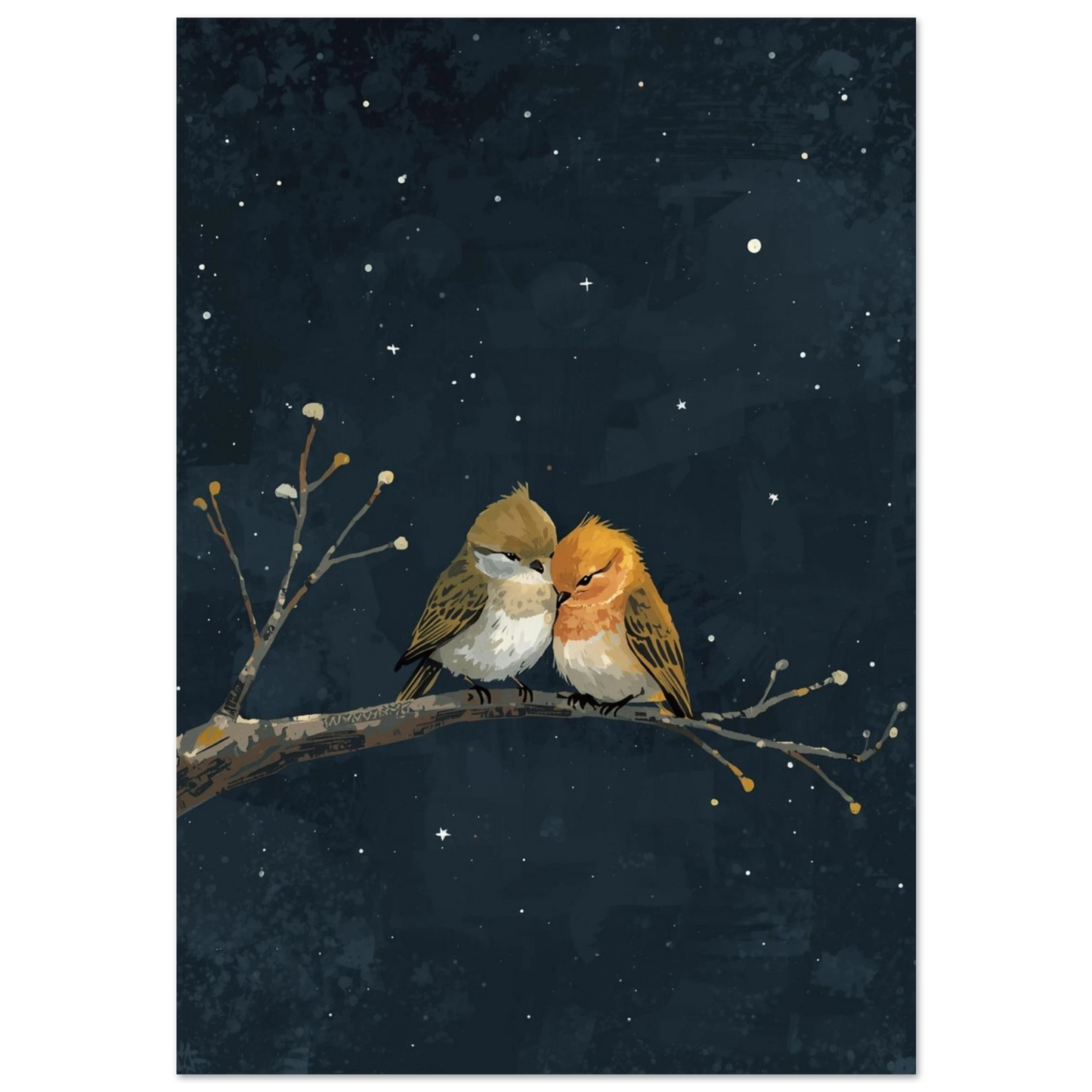 Två småfåglar på gren under stjärnklar natthimmel – mörkblå djurposter