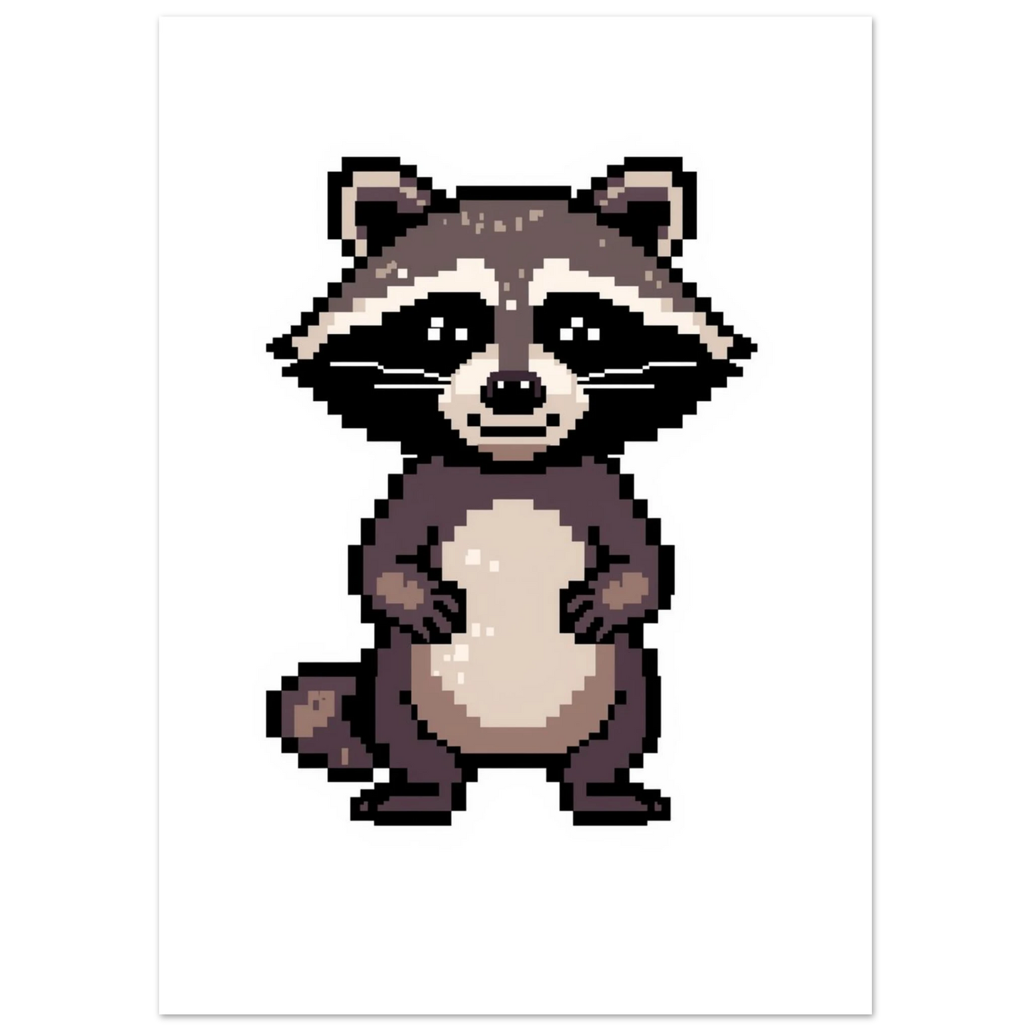Digital illustration av en pixelformad tvättbjörn för retro inredning