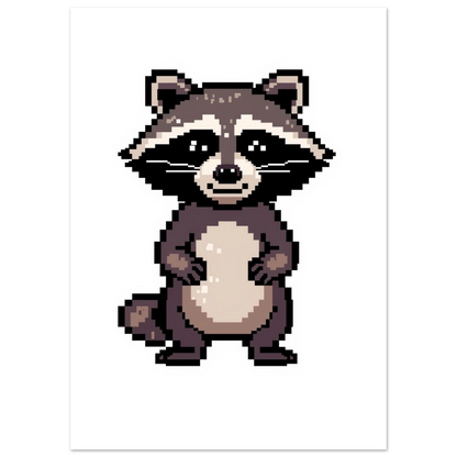 Digital illustration av en pixelformad tvättbjörn för retro inredning
