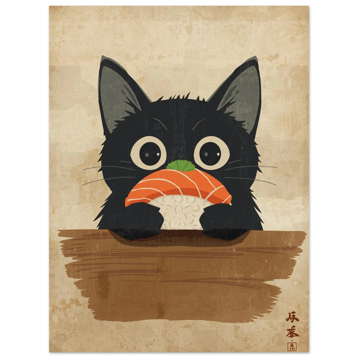 Översiktsbild av tecknad svart katt med sushi, fokuserar på den bruna bakgrundsplankan – Tecknad poster