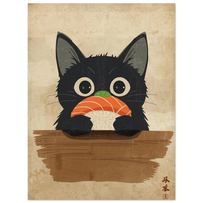 Översiktsbild av tecknad svart katt med sushi, fokuserar på den bruna bakgrundsplankan – Tecknad poster