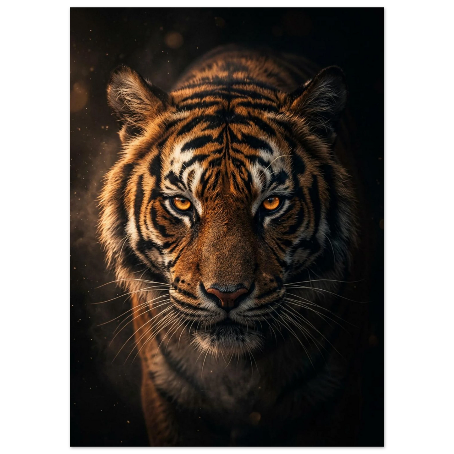 Intensiv tiger blickar framåt ur mörkret med glödande ögon.