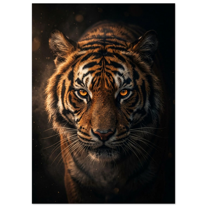 Intensiv tiger blickar framåt ur mörkret med glödande ögon.