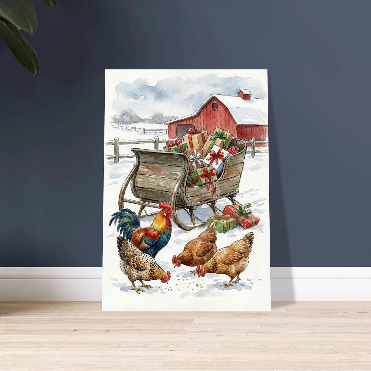 Tupp och höns i snöigt vinterlandskap med släde och julklappar.