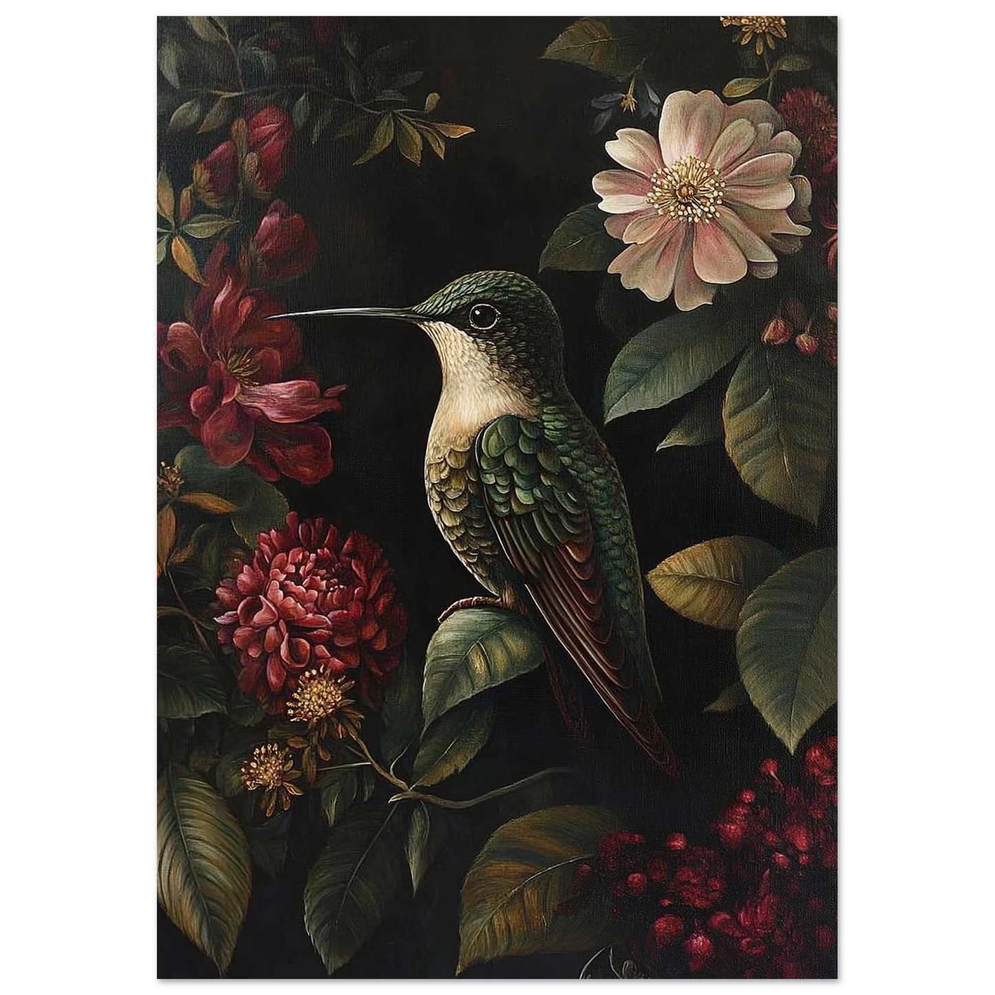 Konstnärligt fågelmotiv med kolibri i en skuggig trädgård – vintage stil