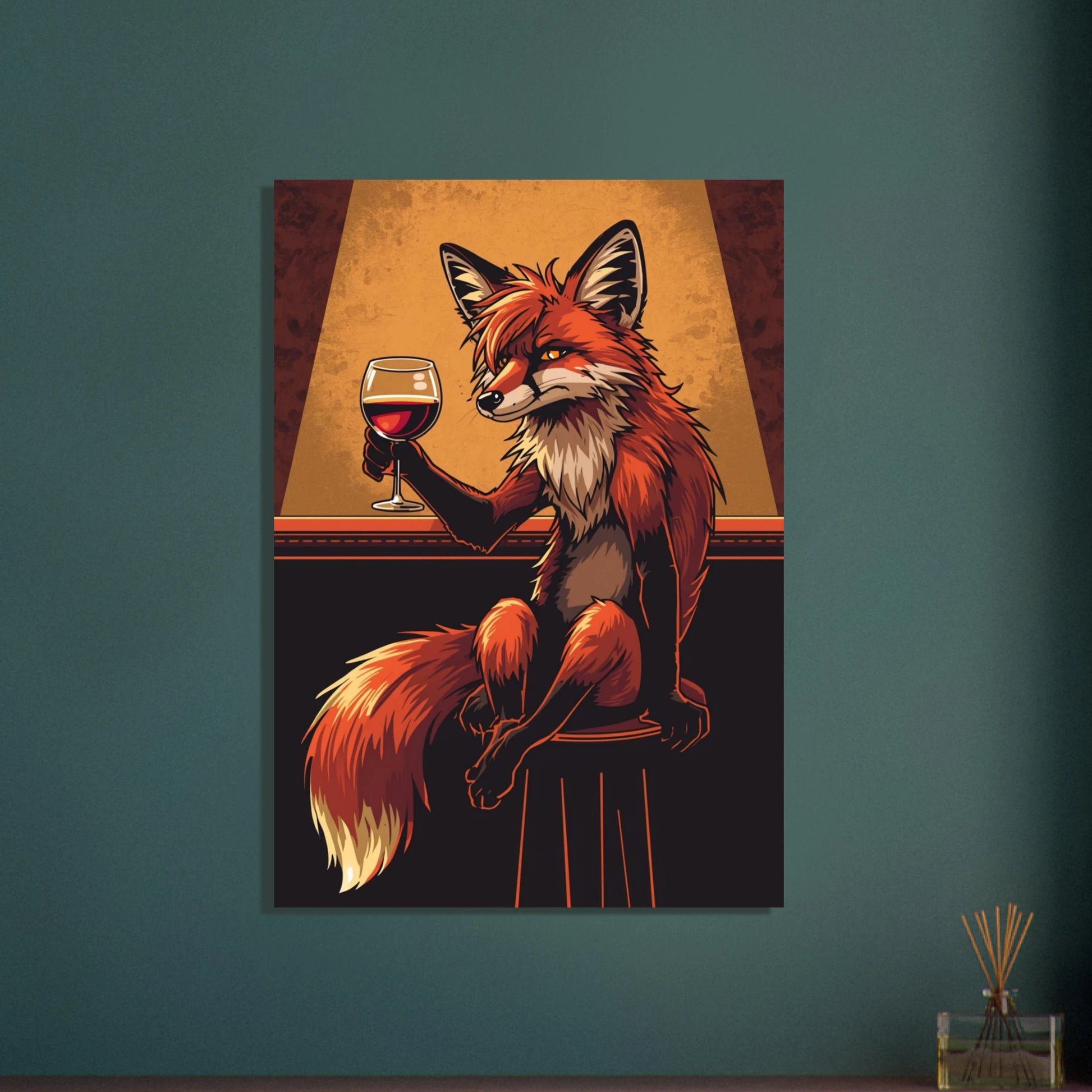 Stiliserad räv med rött vin i en bar, konstnärlig illustration.