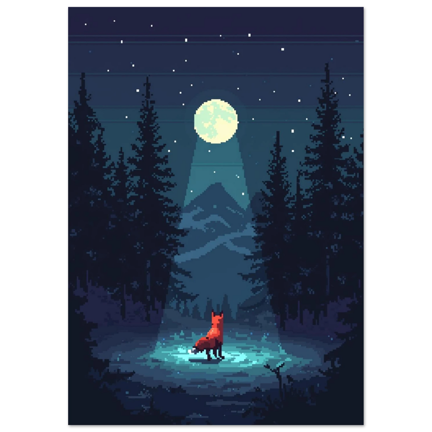 Digital illustration av räv under fullmåne i nordisk skog