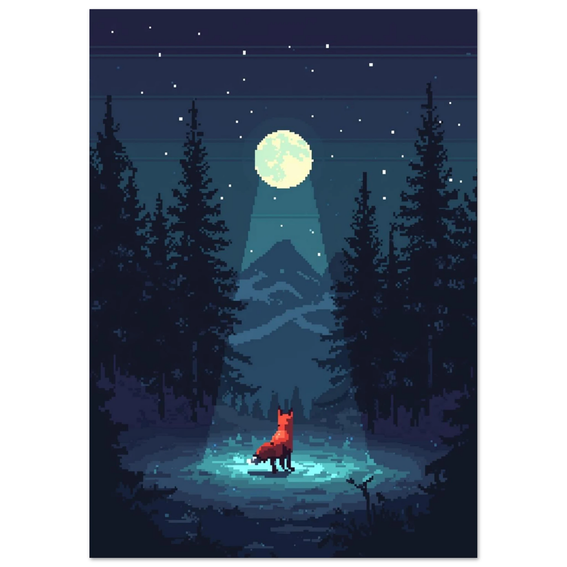 Digital illustration av räv under fullmåne i nordisk skog
