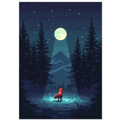 Digital illustration av räv under fullmåne i nordisk skog