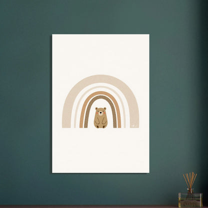 Söt björn under regnbåge i minimalistisk skandinavisk stil.
