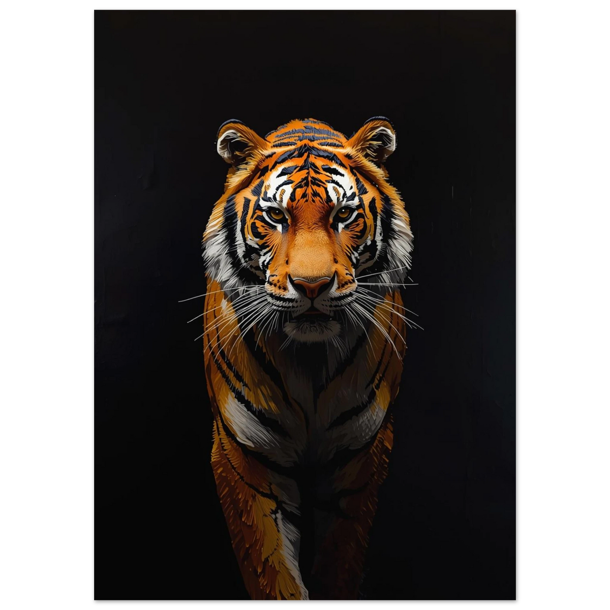 Närbild på tigeransikte med kraftfull blick och taktila oljefärgsdetaljer