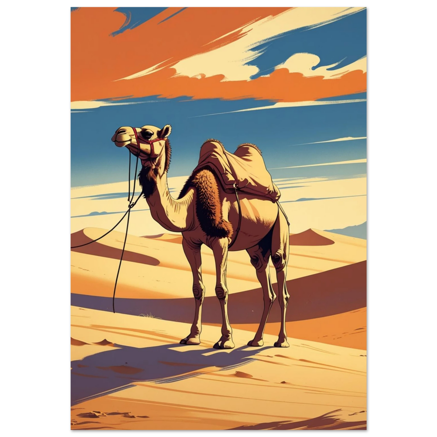 Kamel i vidsträckt ökenlandskap med orangea moln – retroinspirerad djurposter